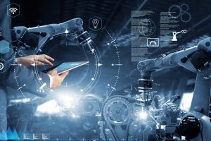 Manager Technical Industrial Engineer working and control robotics with monitoring system software and icon industry network connection on tablet. AI, Artificial Intelligence, Automation robot arm